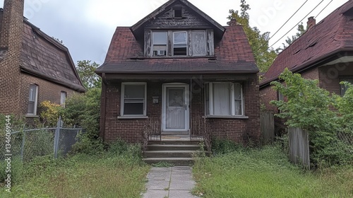 Abandoned brick house with overgrown lawn and weathered roof