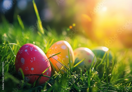 Colorful Easter eggs arranged in lush green grass under bright sunlight, symbolizing spring, renewal, and festive celebrations, perfect for holiday themes.