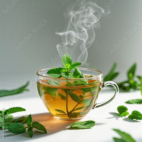 Steaming Peppermint Tea with Mint Leaves on White Background – Organic Herbal Infusion, Healthy Relaxing Drink