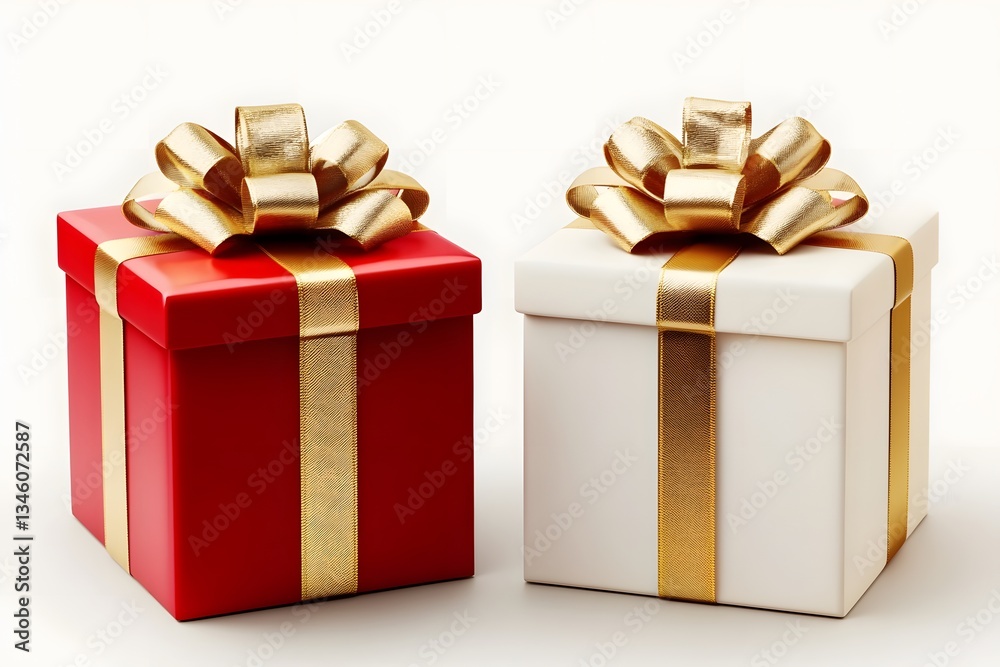 Obraz premium Two Elegant White and Red Gift Boxes with Gold Ribbon Isolated on Transparent Background