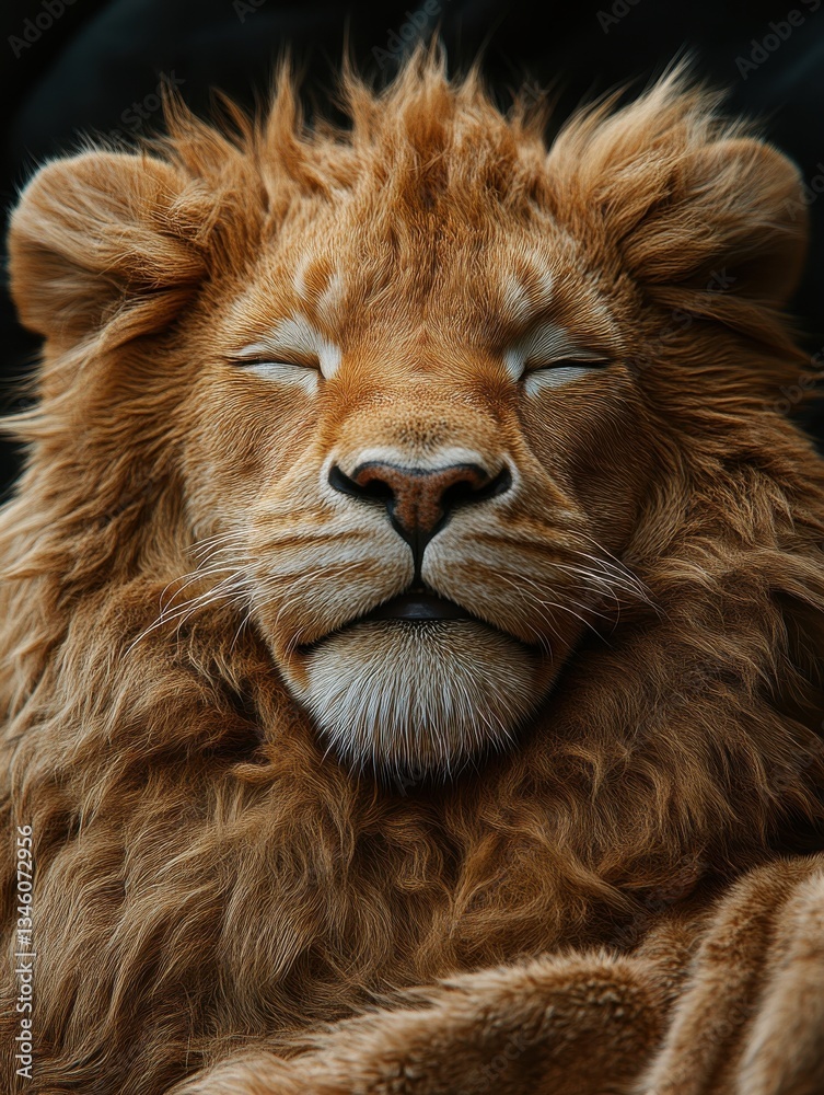 Fototapeta premium Majestic lion basks, eyes closed, radiating warmth and serene relaxation