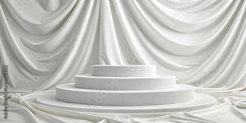 Multiple layers of white fabric creating a textured background for the platform.