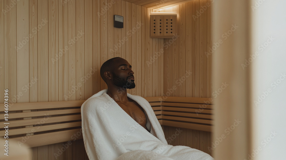 Muscular man enjoys relaxation in a luxurious wooden sauna after an intense workout session Muscular man enjoys relaxation in a luxurious wooden sauna after an intense workout session