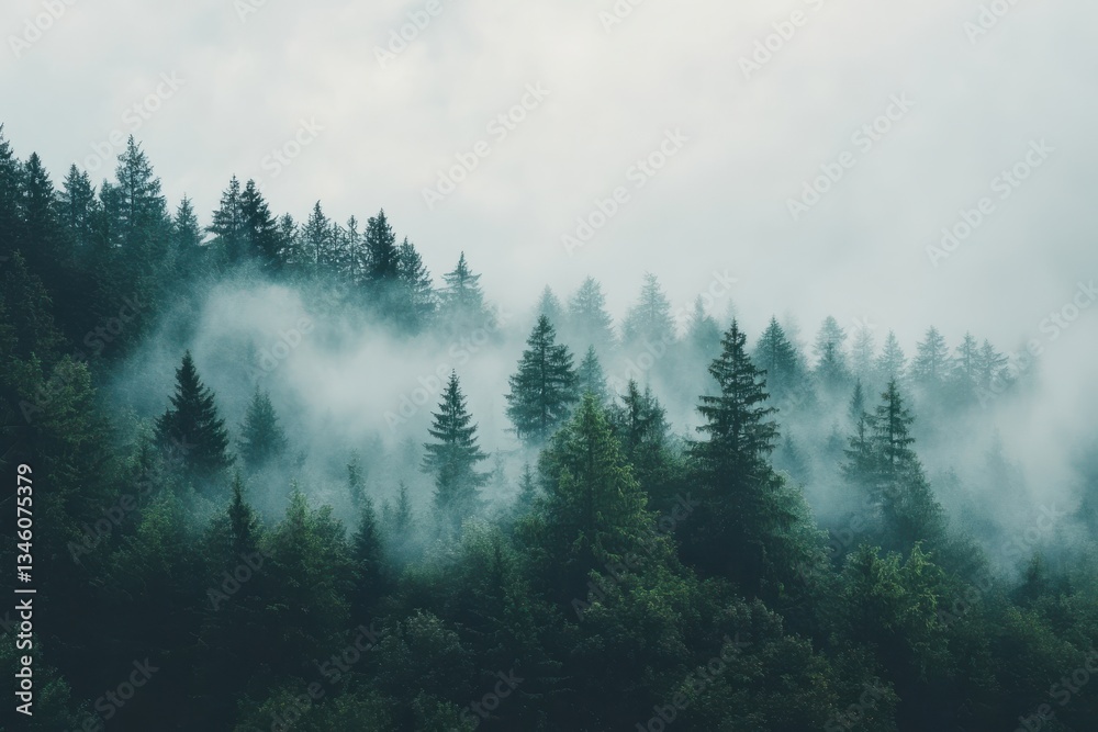 Misty forest landscape enveloped in soft fog during the early morning hours of fall Misty forest landscape enveloped in soft fog during the early morning hours of fall