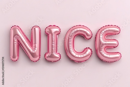 NICE Create 3D balloon-like letters with a metallic pink finish. The text should appear inflated, as if filled with air or helium.