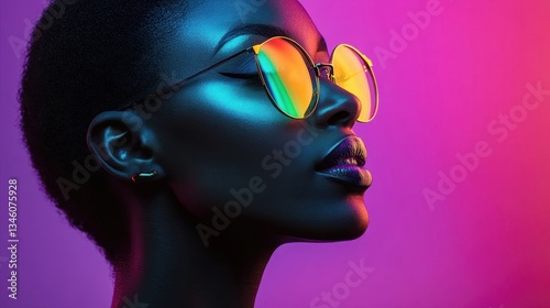 Stylish african female in colorful sunglasses against vibrant gradient background