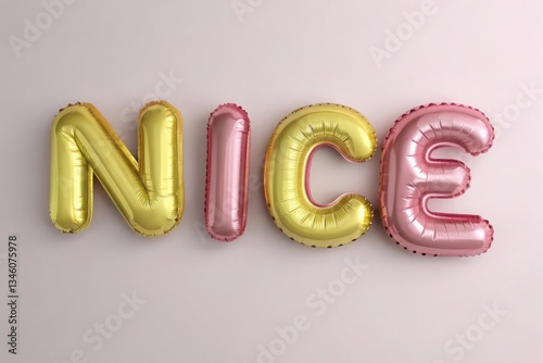 NICE Create 3D balloon-like letters with a metallic pink and yello finish. The text should appear inflated, as if filled with air or helium.