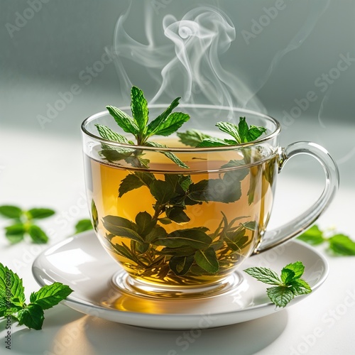 Freshly Brewed Peppermint Tea with Floating Mint Leaves – Aromatic Herbal Drink, Detox and Digestion Booster