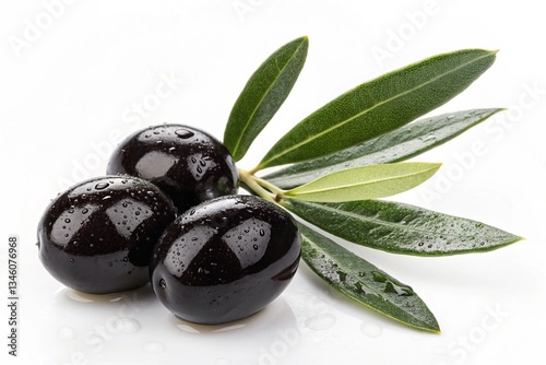 black olives with leaves isolated on white background