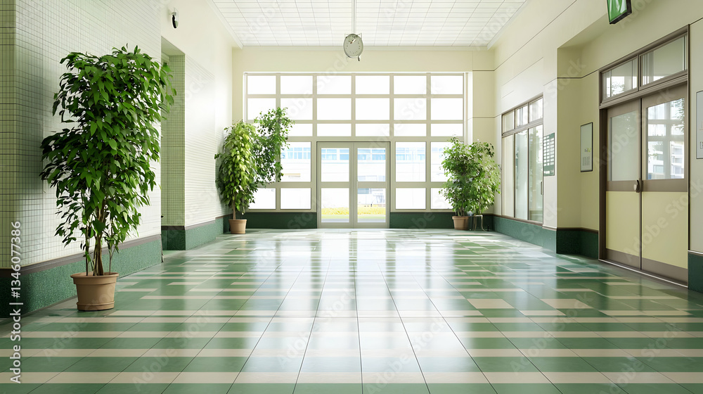 Fototapeta premium Empty School Corridor With Green Plants And Large Windows