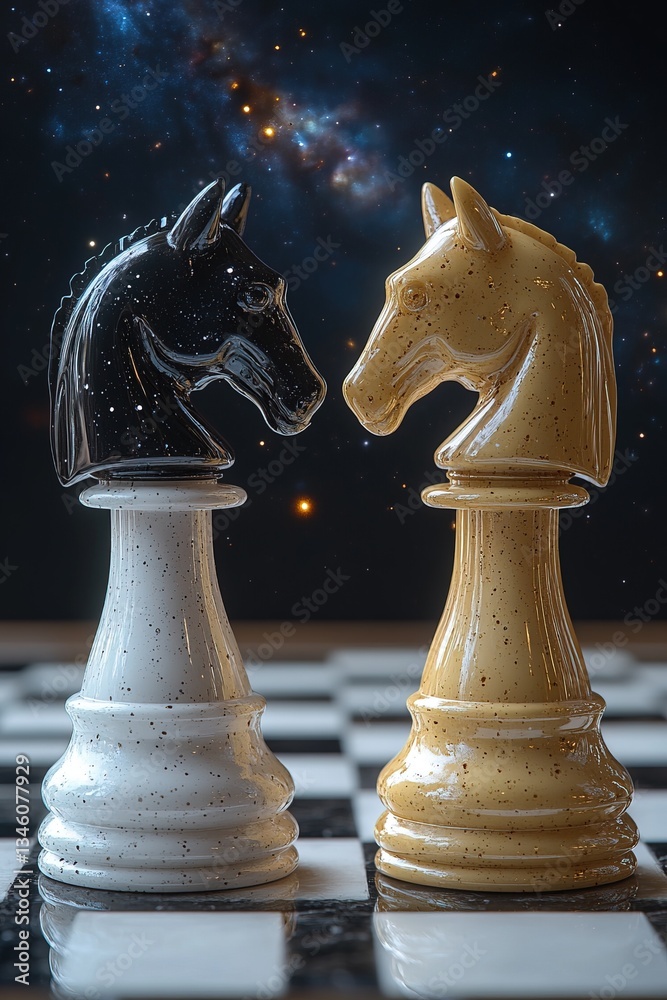 Fototapeta premium Chess knights face off against a cosmic background on the checkered board