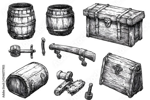 Medieval Device Set Sketch Engraving for T Shirt Apparel Print Design in Scratch Board Style