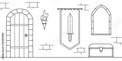 Castle interior graphic black white medieval sketch illustration vector 