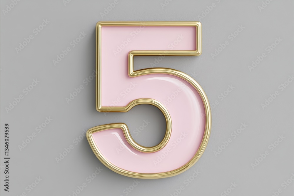 Decorative number five with pink and gold accents displayed against a gray background for artistic design purposes Decorative number five with pink and gold accents displayed against a gray background for artistic design purposes