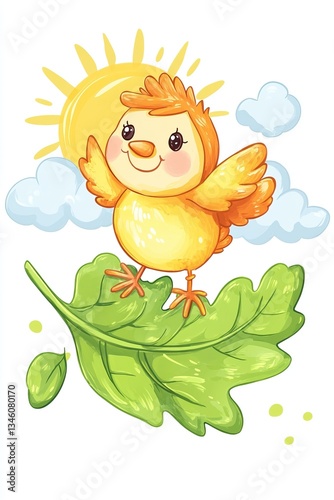 Cheerful cartoon chick on leaf with sun and clouds
