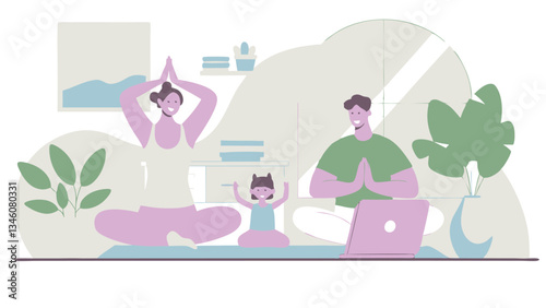 A young family practices yoga at home, following an online workout on a laptop. A parent and a child do the exercises with smiles, enjoying the moment.