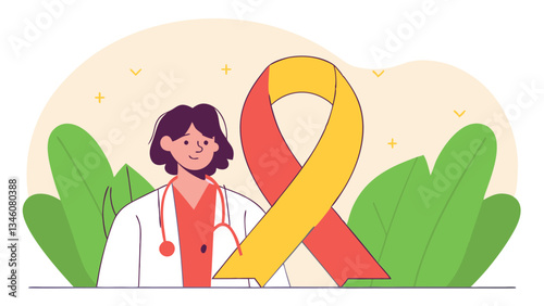 A female doctor looks at a ribbon - a symbol of the fight against leukemia, kidney cancer and other diseases.