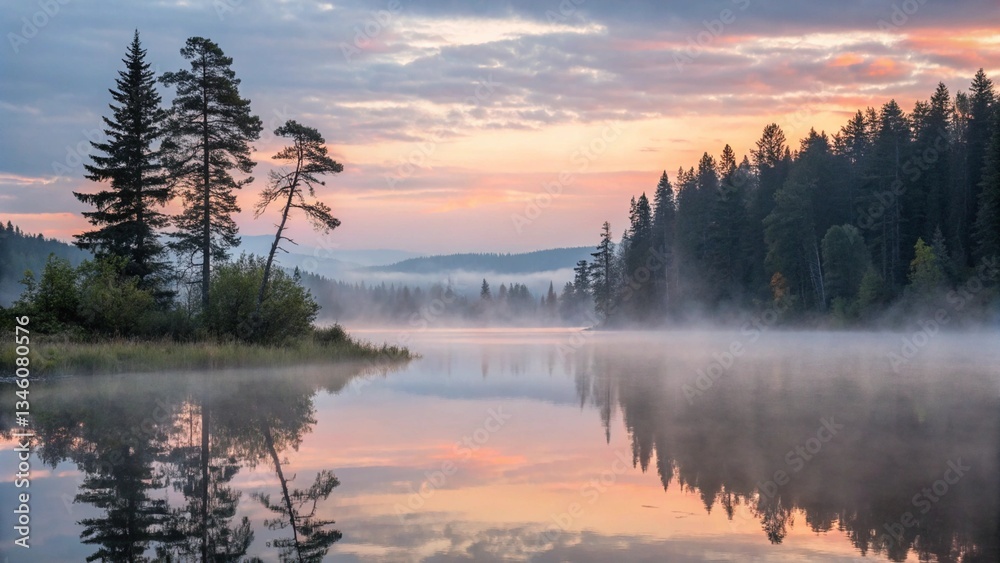 Serene dreamy mist at dawn over a tranquil lake surrounded by lush forests. The soft glow of dawn creates a peaceful atmosphere perfect for relaxation Serene dreamy mist at dawn over a tranquil lake surrounded by lush forests. The soft glow of dawn creates a peaceful atmosphere perfect for relaxation