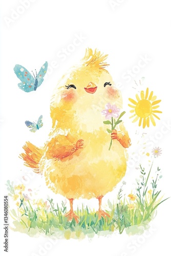 Cheerful yellow chick with flowers and butterflies in sunny meadow