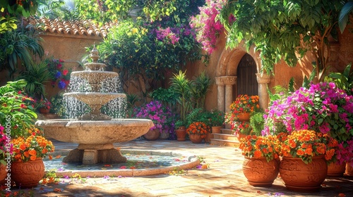A beautiful sunlit courtyard features a stone fountain and vibrant flowers