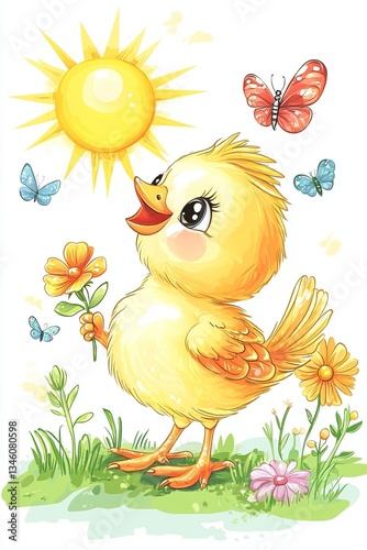 Cheerful cartoon chick holding flowers under the sun with butterflies