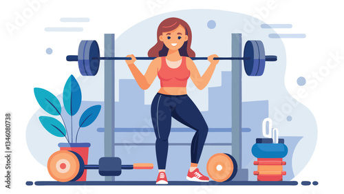 A young woman with an athletic body performs an exercise with a barbell in a modern gym. The atmosphere of the picture conveys energy, motivation and desire for a healthy lifestyle.