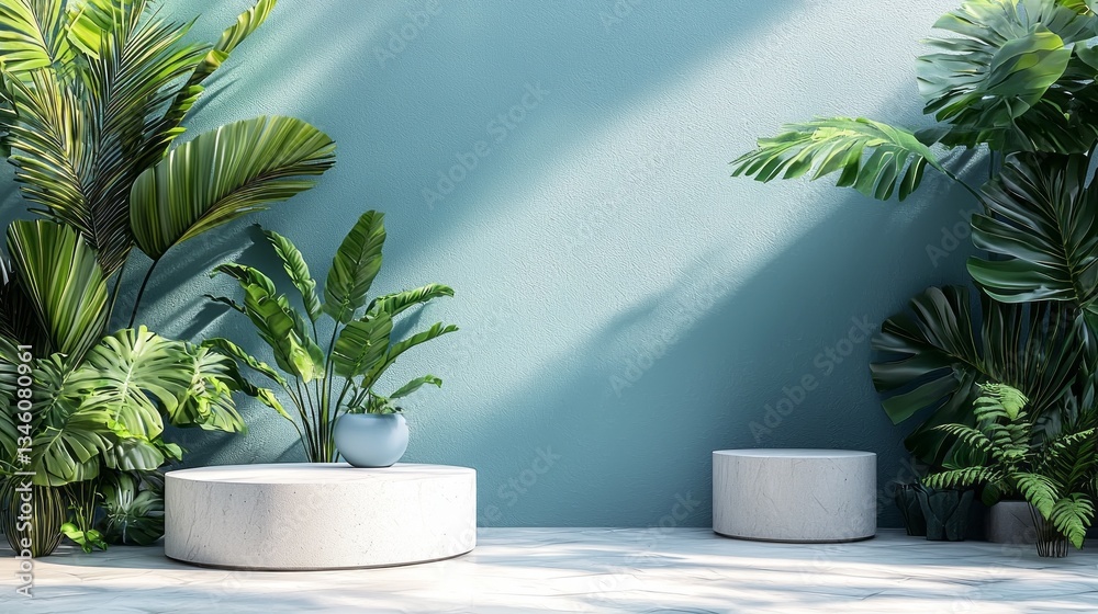 Vibrant green plants flourish against a soft blue wall, creating a tranquil indoor garden. Sleek seating complements the natural beauty, illuminated by gentle sunlight Vibrant green plants flourish against a soft blue wall, creating a tranquil indoor garden. Sleek seating complements the natural beauty, illuminated by gentle sunlight