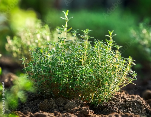 Thyme green plants growing in the vegetable garden on a sunny day. Thymus. Generated image