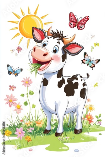 Cartoon cow in sunny floral meadow with butterflies