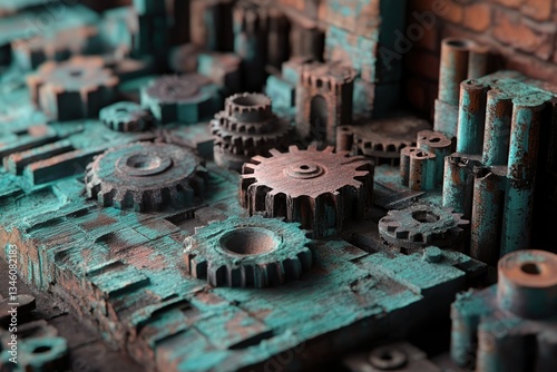 A steampunk-inspired assemblage of rusted gears, pipes, and textured surfaces, creating a miniature industrial landscape.