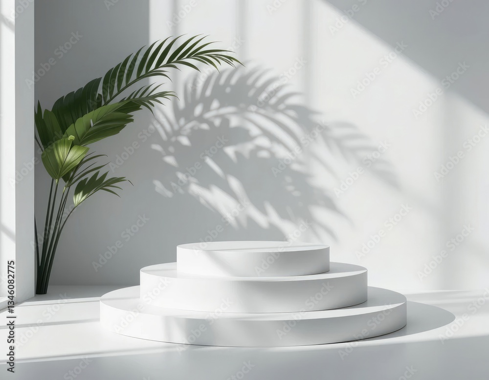 Minimal White Product Display Podium with Plant and Sunlight Shadow Minimal White Product Display Podium with Plant and Sunlight Shadow