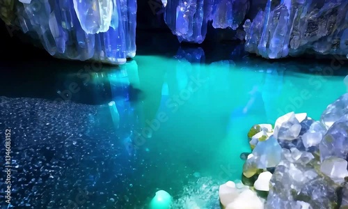 A cave illuminated with blue and yellow lights and a pool of water in the center of the frame
