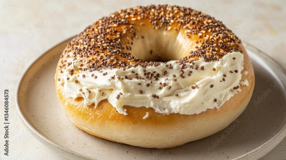 A classic New York-style bagel with cream cheese on a plate against a muted beige background A classic New York-style bagel with cream cheese on a plate against a muted beige background