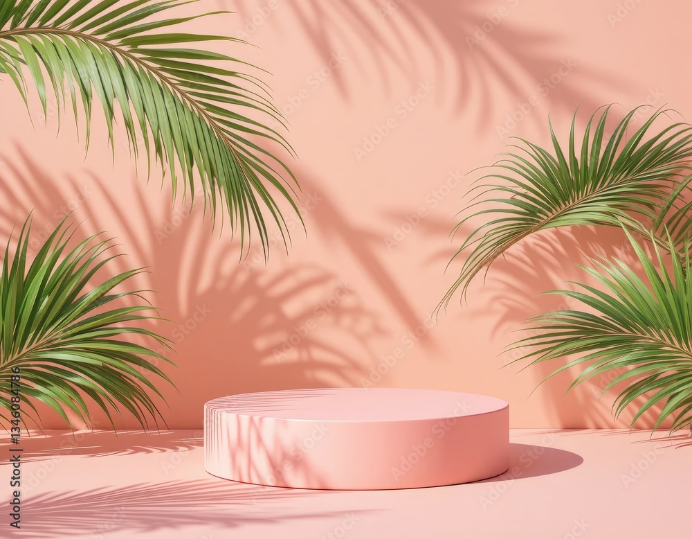Minimalist Product Display with Palm Leaves and Pastel Pink Background Minimalist Product Display with Palm Leaves and Pastel Pink Background