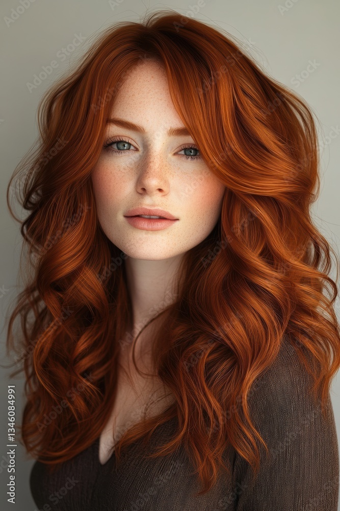 Fototapeta premium Close-up portrait of a young woman with flowing red hair and soft makeup captured in a natural light setting showcasing a serene expression