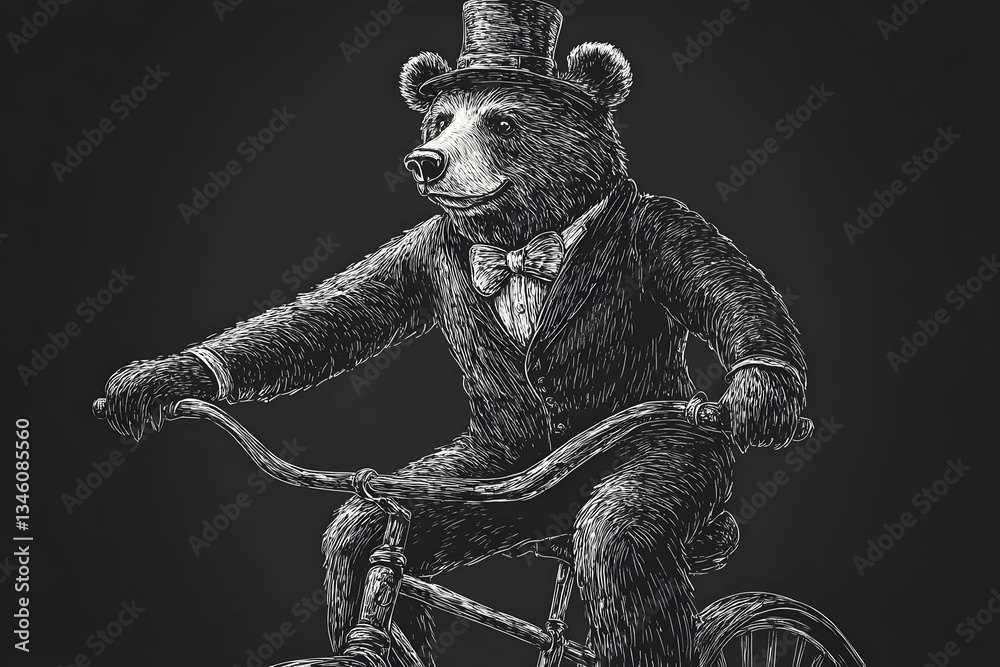 Fototapeta premium Whimsical Sketch of a Circus Bear Riding a Bicycle in Vintage Engraved Style