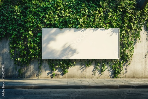 A blank white billboard stands on a lush green wall in an urban street scene.