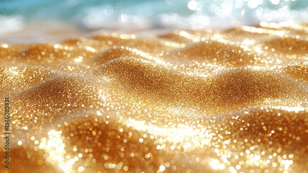 Golden shimmering sand, ocean waves, and sparkling sunlight. Soft focus Golden shimmering sand, ocean waves, and sparkling sunlight. Soft focus