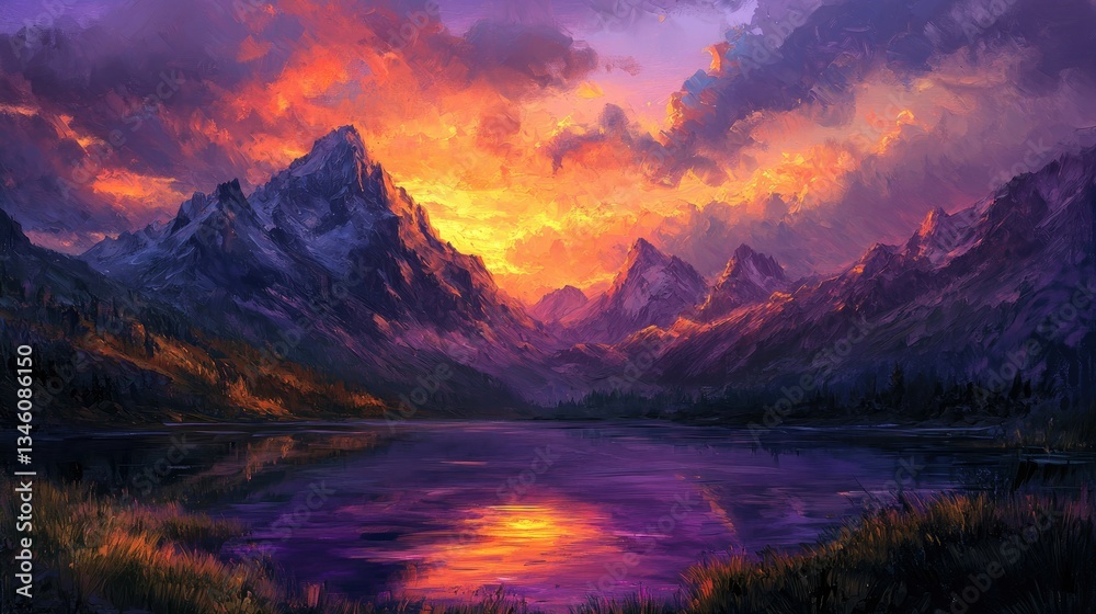 Fototapeta premium Fiery Sunset over Majestic Mountains and Serene Lake