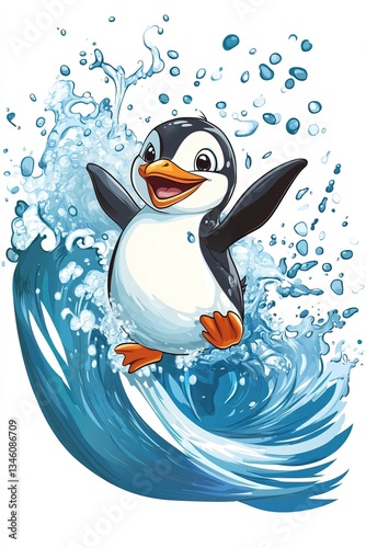 Joyful cartoon penguin surfing on a wave with splashing water and enthusiastic expression