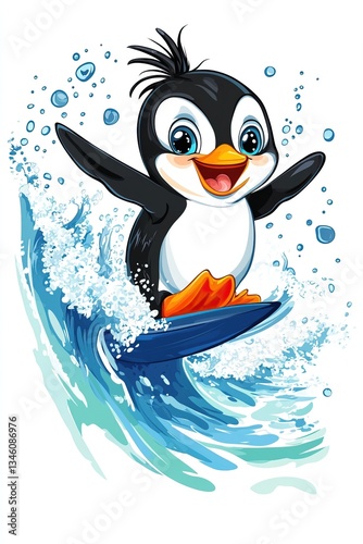 Cheerful cartoon penguin surfing on waves