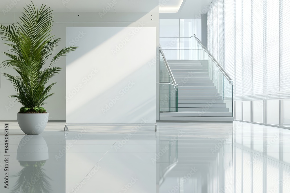 Obraz premium Sleek white stand-up banner in a modern office lobby with glass staircase and natural light.