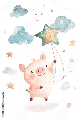 Cute piglet flying star kite among clouds and stars in whimsical watercolor art