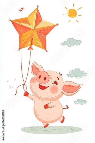 Cheerful cartoon piglet with a star-shaped balloon under a sunny sky