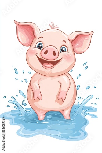 Happy cartoon pig splashing joyfully in water