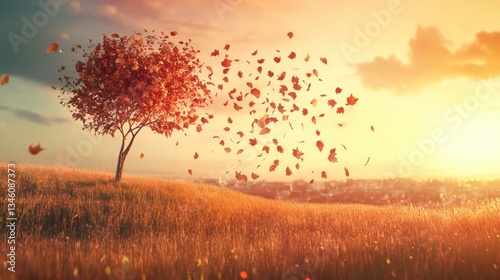 A digital painting of a tree shedding its leaves in a golden autumn setting with warm light