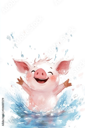 Joyful cartoon piglet playing in water illustration with splashing water and smiling expression