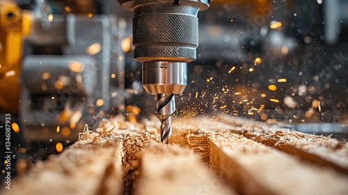 A medium closeup of a power drillâ rotating bit penetrating wood.
