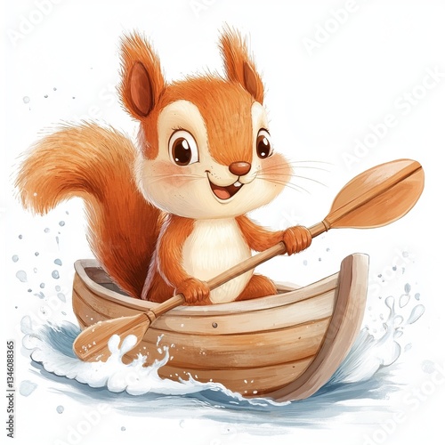 Cute cartoon squirrel in wooden boat paddling on water adventure