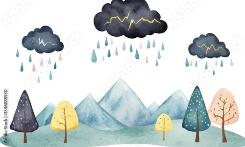 Black clouds with lightning, raindrops falling on the ground in front of mountains and trees on white background